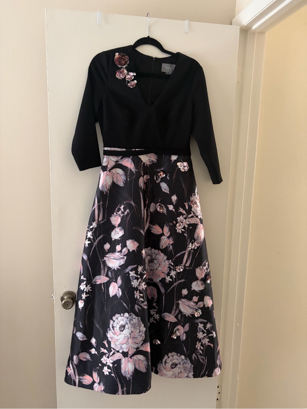 Theia Black V-Neck Long Sleeve Dress with Pink Floral Skirt - Picture 2 of 14